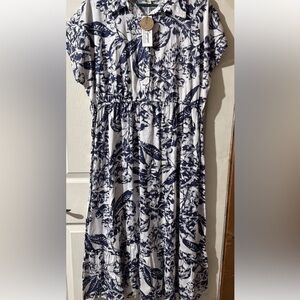 NWT Lapogee Linen Blend Tiered Short Sleeve Midi Dress Plus 3X White Blue Floral
